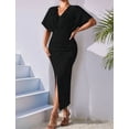 thumbnail image 5 of Olabelle Womens Metallic Faux Wrap Cocktail Dress Solid Color V-Neck Pleated High Slit Short Sleeve Midi Dress, 5 of 7