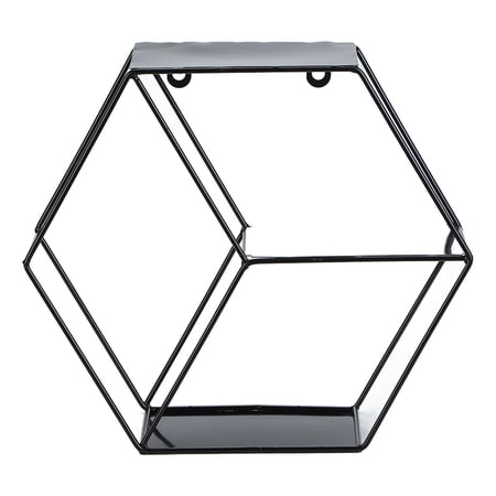 BIMZUC Wrought Iron Hexagonal Wall Shelf – Modern Black Design, 10.24"×11.81"×4.33", Ideal for Living Room, Bedroom, Office, Dorm, Kitchen