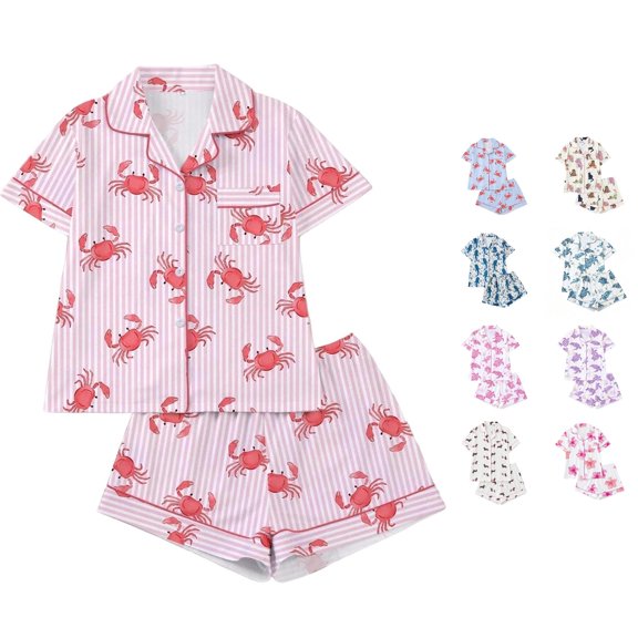 JAJAHO Girls Pajamas Set Cute Animals Print Sleepwear Short Sleeve Button Down 2 Piece Pjs For Kids 3-14Y