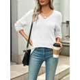 thumbnail image 5 of Womens 2025 Fall Casual Long Sleeve Ribbed Knit V Neck Light-Weight Crochet Pullover Sweater White M, 5 of 7