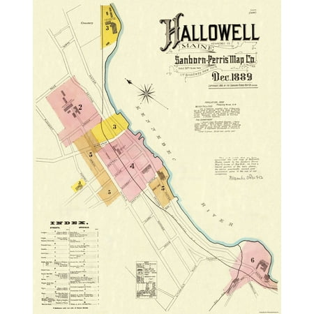 Historic City Map - Hallowell Maine - Sanborn 1889 - Vintage Wall Art