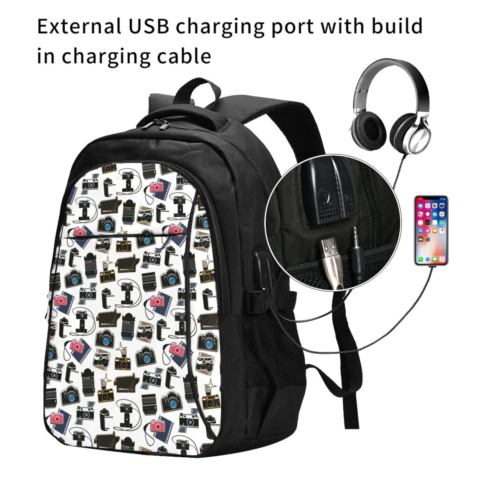 Vsdgher Cool Camera Print Travel Laptop Backpack, Laptops Backpack with USB Charging Port, Water Resistant Computer Bag Gift for Men & Women