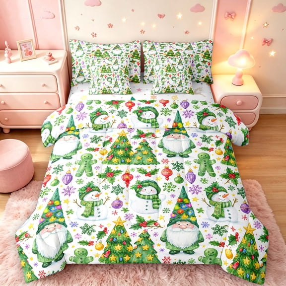 Manfei Vintage Snowman 7-Piece Twin Bedding,Traditional Gingerbread Men Bedding Comforter Set,Christmas Reversible