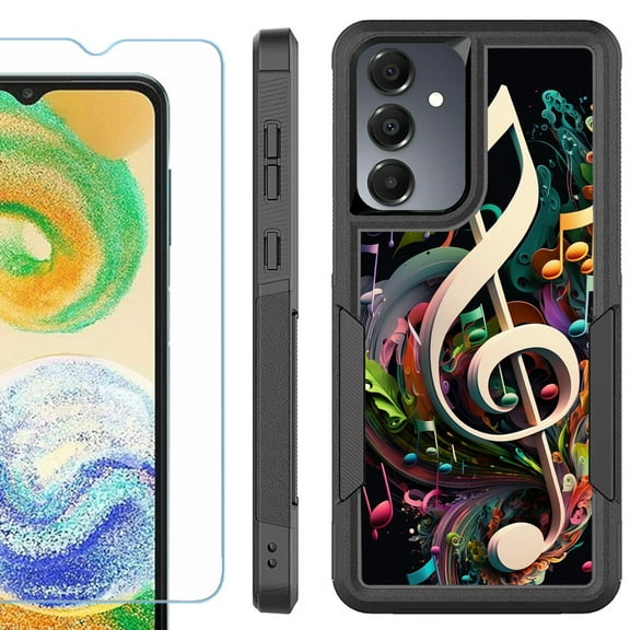 Heavy Duty Dual Layer Hybrid Phone Case for Samsung Galaxy S24 FE 5G with Tempered Glass Screen Protector, by OneToughShield - Music Notes Colorful