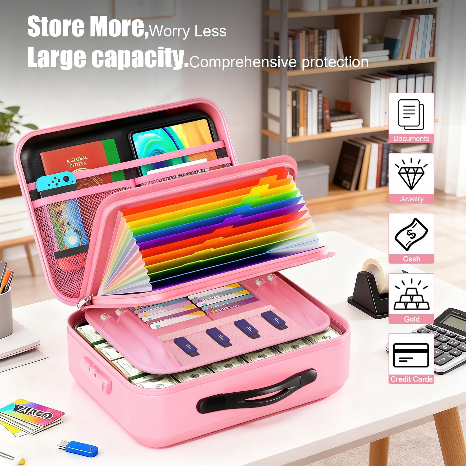 TeSabMi Fireproof Document Box with Lock, 5200°F Fire Proof Safe for Home Documents, Hard-Shell Fireproof & Waterproof Safe Box for Important Files Pink