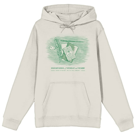 Harry Potter Book Quill & Quidditch Equipment Long Sleeve Adult Sand Hooded Sweatshirt-Medium