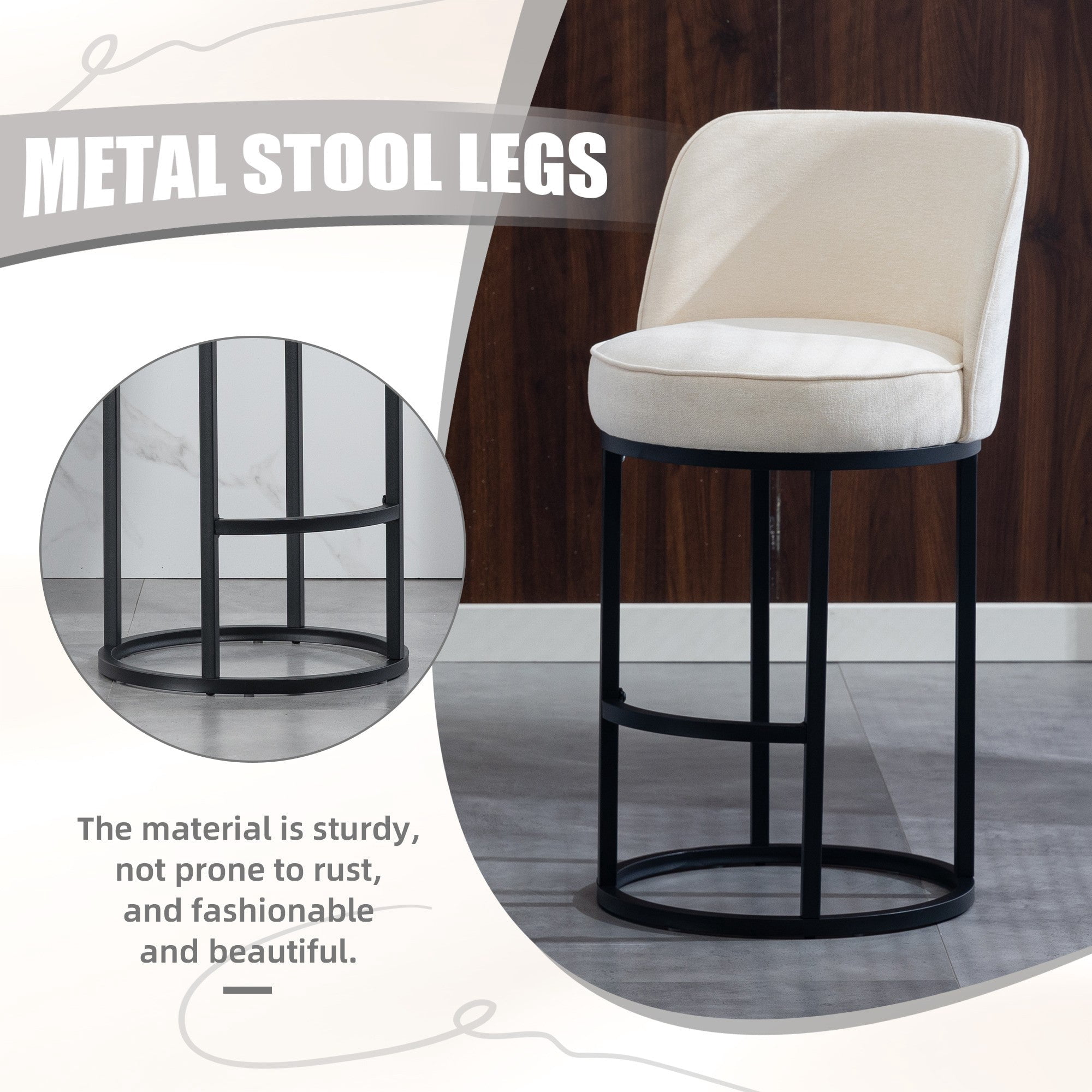 Sailvan Counter Height Bar Stools Set of 2,Modern Upholstered Linen Fabric Kitchen Island Stools with Barrel Backrest & Sturdy Metal Frame Beige