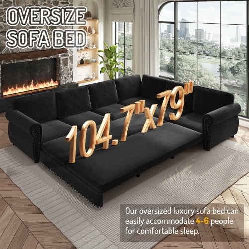 118" L-Shaped Sectional Sleeper Sofa with King Size Pull-Out Bed, Chenille Upholstered, Nailhead Trim & Rolled Arms, Black