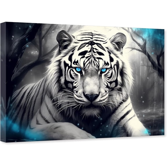 ZHONGYUTONG White Tiger Canvas Wall Art Bengal Tiger Picture Print Black and White Wild Animal Painting for Bedroom Decor Framed (12.00" x 18.00")
