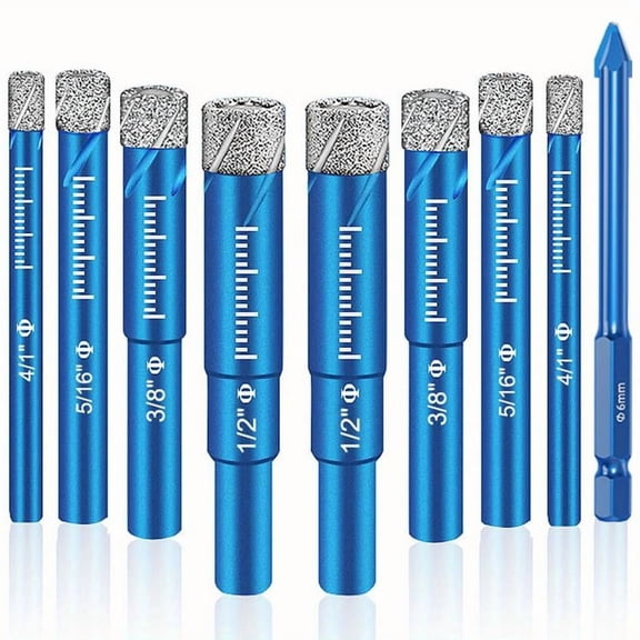 9-Pc Diamond Drill Bit Set (6-12mm) w/ 2 Triangle Shanks - for Porcelain, Ceramic, Glass, Marble - Professional Tile Drilling Tools - High Durability