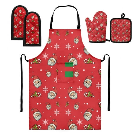 

ZOCAVIA Christmas Themed Apron Oven Gloves Pot Holders and Hot Handle Holder Set Heat Resistant Kitchen Tool Accessories