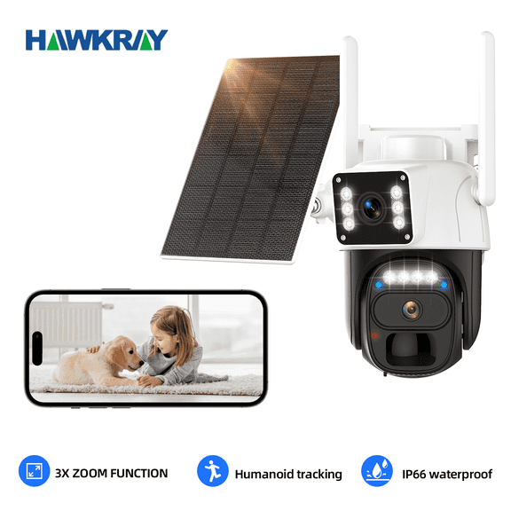 Hawkray Solar Security Camera - 360° Dual Lens,5G/2.4G WIFI,Spotlight/siren Alarm,3mp Color Night Vision,3mp Color Night Vision,IP66 waterproof,8000mAh