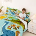 thumbnail image 3 of Metsweet Cartoon Dinosaur Queen Sheets 4 Pieces, Geometric Checkered Queen Sheet Sets, Blue Brown Yellow,1 Fitted Sheet, 1 Flat Sheet and 2 Pillowcases, 3 of 5