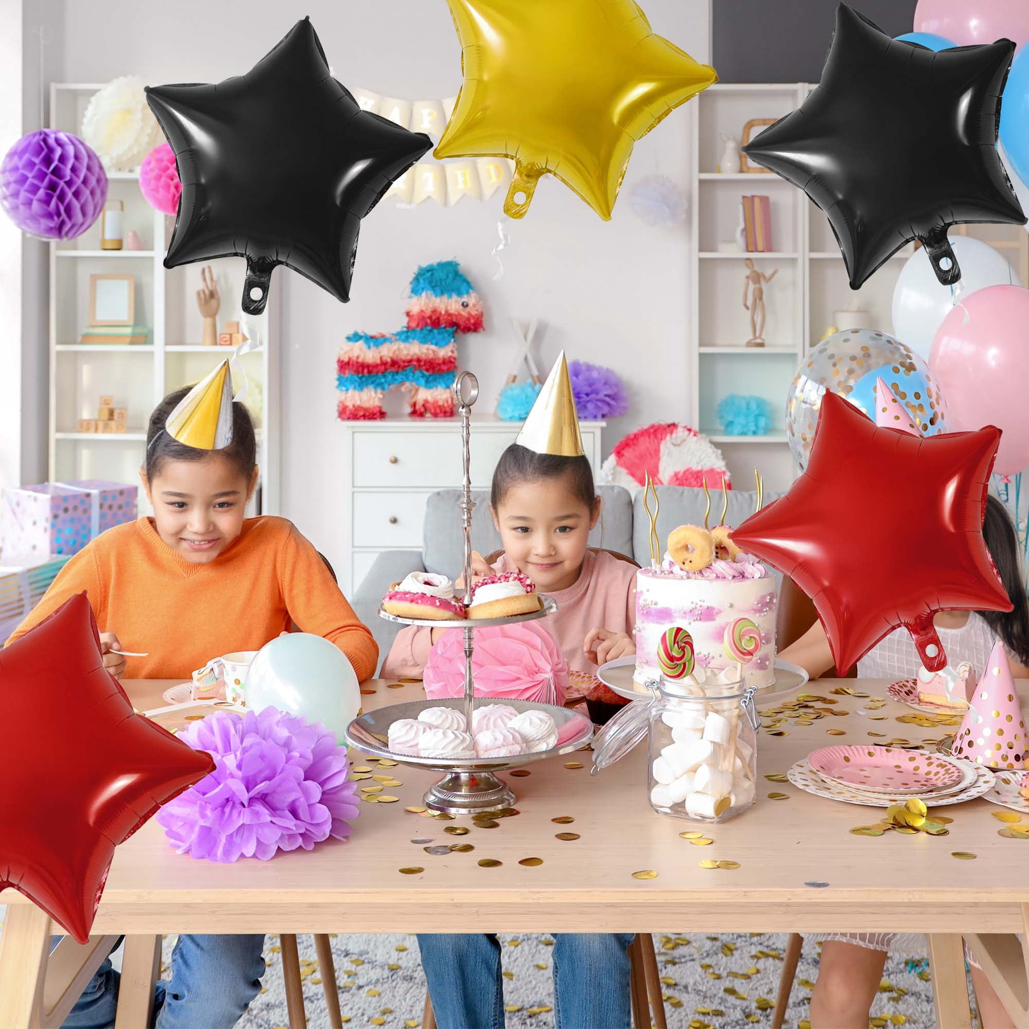 Unique Bargains 10Pcs Helium Balloons with Ribbon Star Pattern Black Red Gold Tone