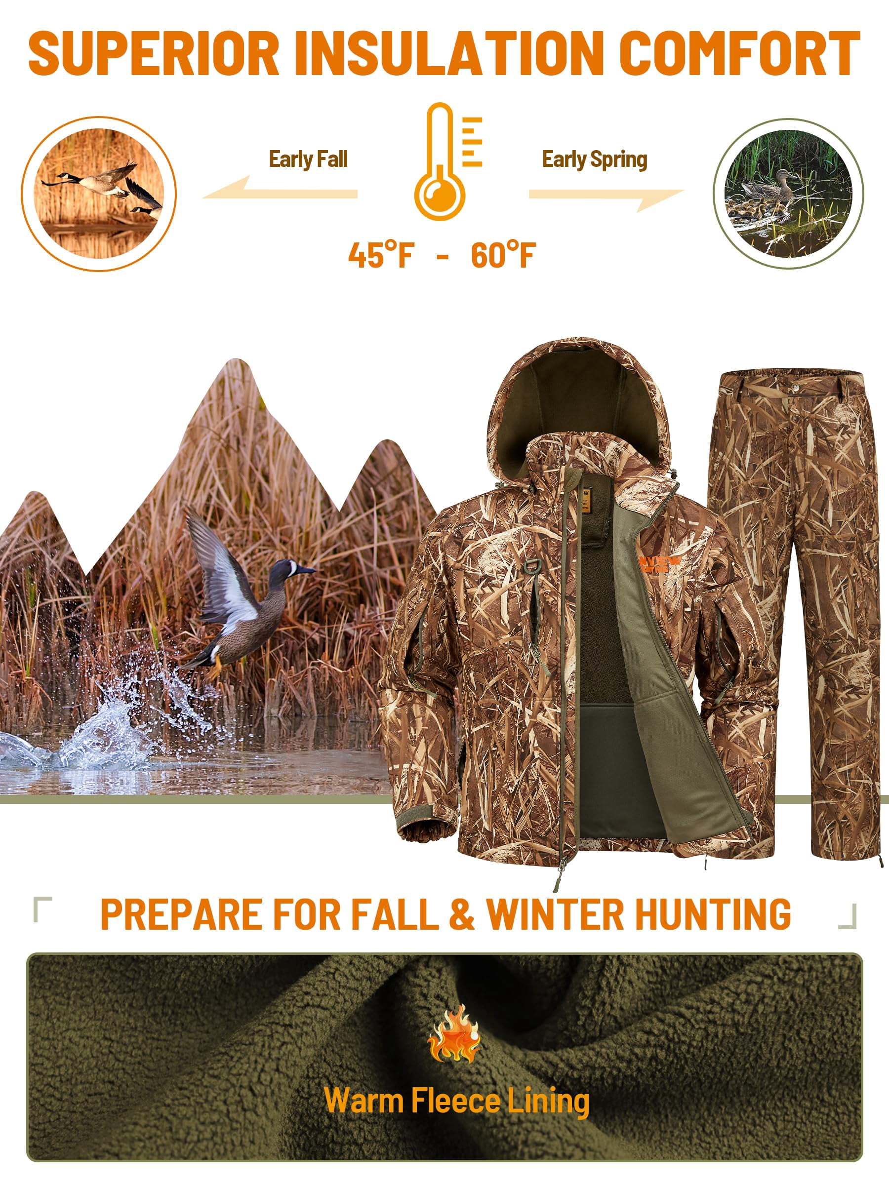 NEW VIEW Camo Hunting Clothes for Men, Quiet Warm Fleece Lining, Cold Weather Duck Hunting Jacket and Pants with Face Mask (Reeds Camo XL)