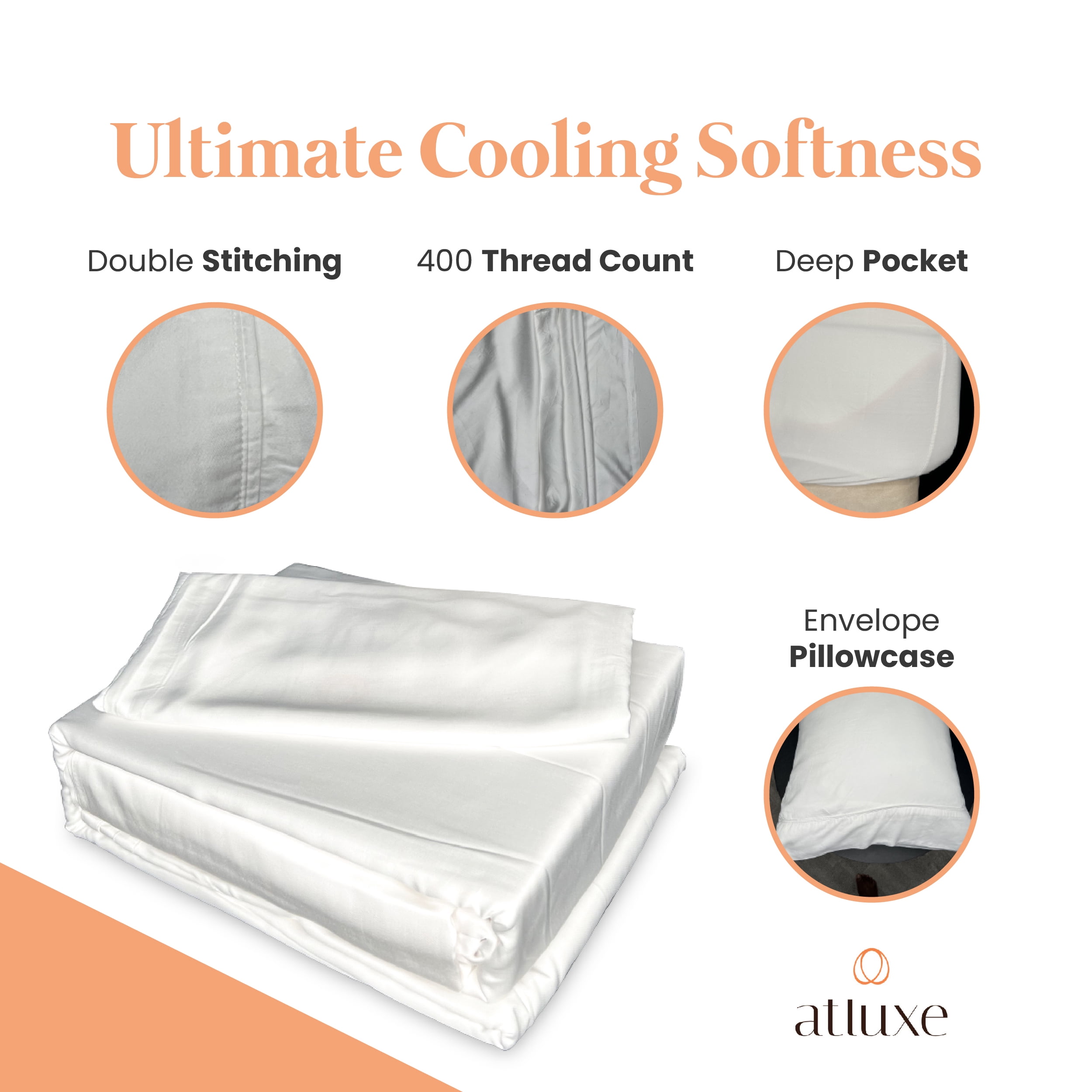 Atluxe Premium 100% Viscose Bamboo Sheets, 4-Piece Luxury Bedding Set, Cooling and Hypoallergenic, White, California King