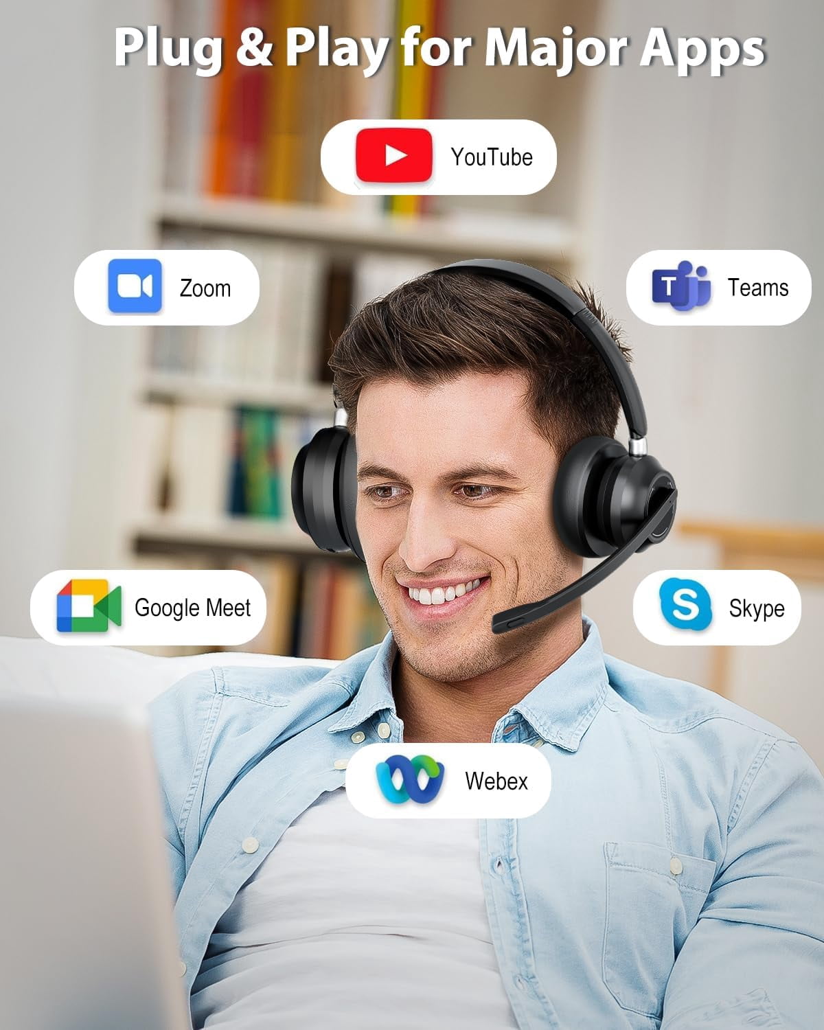 Bluetooth Wireless Headset with Microphone & USB Dongle, Noise Cancelling Headphones for PC/Mac, Zoom Teams Calls "