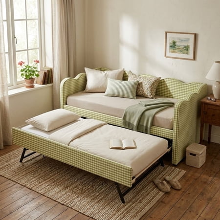Twin Size Upholstery Daybed with Trundle and USB, Twin to King Design Adorable Wave Shaped Extendable Linen Sofa Bed Cozy Gingham Daybed, for Living Room and Bedroom