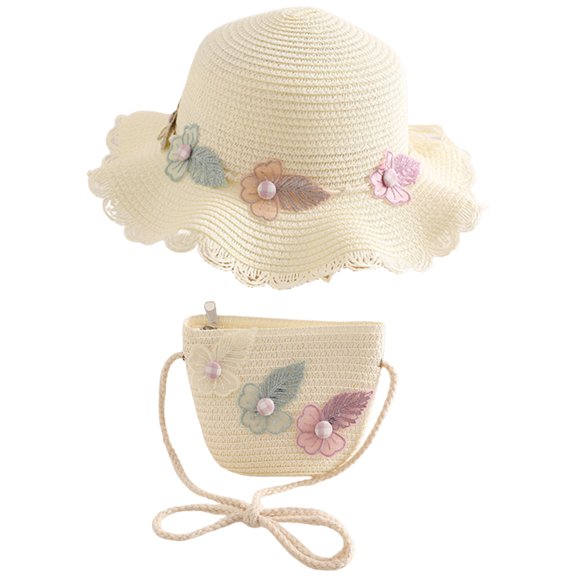 56-58cm hat circumference women's straw hat summer sunshade sunscreen hat leisure outing beach hat and straw bag set - Milky white