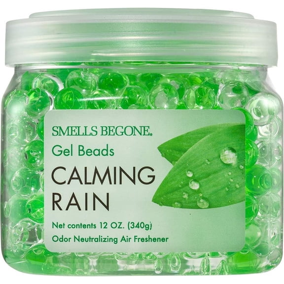 SMELLS BEGONE Odor Eliminator Gel Beads - Air Freshener - Eliminates Odor in Bathrooms, Cars, Boats, RVs and Pet Areas - Made with Essential Oils - Calming Rain Scent - 12 Ounce
