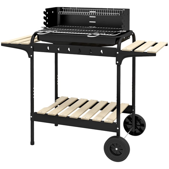 Black Charcoal BBQ Grill Trolley with 5-Level Adjustable Height, Metal BBQ Grill with Side Shelves, Warming Rack, Ash Catcher and Wheels for Patio, Garden and Outdoor Cooking