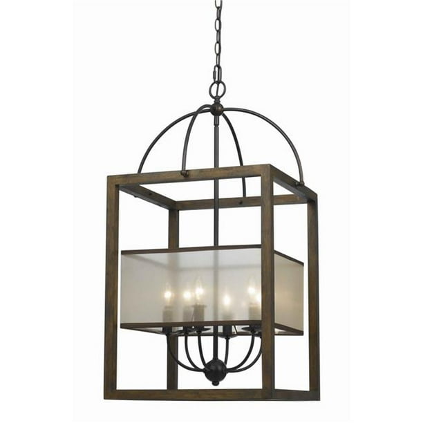 Benjara Bm223601 Rectangular Chandelier With Wooden Frame Organza Striped Shade 44 Brown Walmart Com Walmart Com