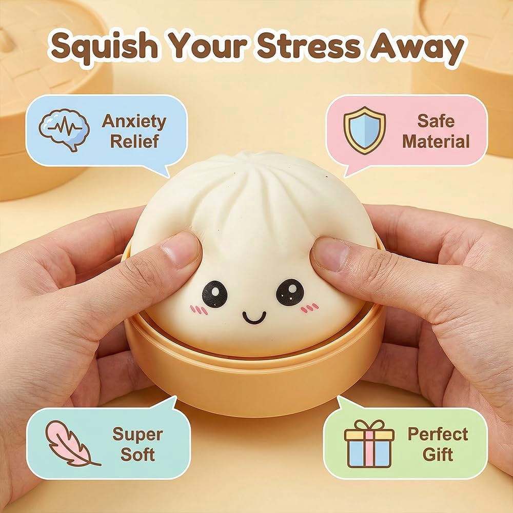 Dumpling Stress Reliever for Adults, Soft Slow Rising Squeeze Ball, Sensory Anxiety Relief Tool, Cute Desk Decor for Office & Home Relaxation (4 Color-Glitter)