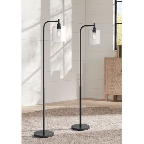 Possini Euro Design Karis Farmhouse Rustic 62 1/2" Tall Standing Floor Lamps Set of 2 Lights Downbridge Metal Matte Black Glass Shade