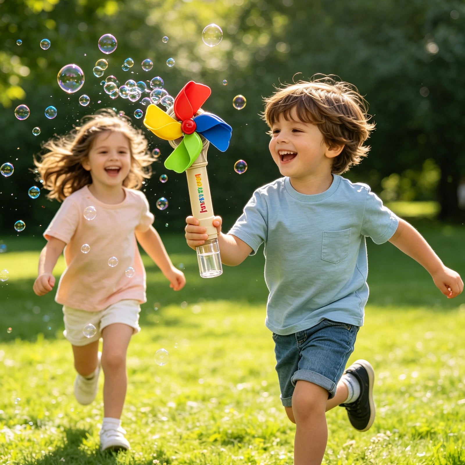 VKLU 2 Pack Windmill Bubble Machine Set, USB Rechargeable Bubble Blower with Colorful Lights, Leak-Proof Handheld Bubble Wand for Outdoor