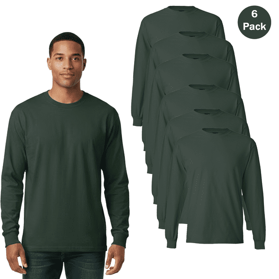 Hanes Beefy-T Long Sleeve T-Shirt for Men, Casual Classic Fit Deep Forest Color Blank Tee 6 Pack S