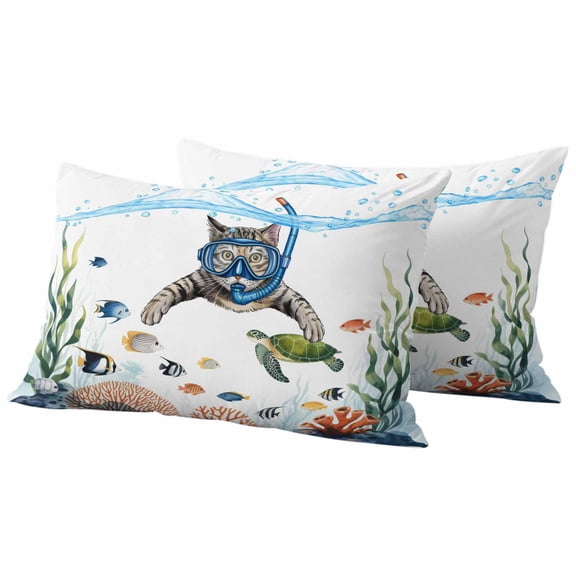 Lumbar Pillow Covers 12 x 20 Inches, Cat Summer Beach Waterproof Throw Pillow Cover Set of 2, Nautical Ocean Coastal Turtle Coral Decorative Rectangle Cushion Covers for Patio/Tent/Couch/Garden