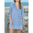 thumbnail image 4 of Womens Summer Collared V Neck Mini Casual Jean Dresses with Pockets Light Blue M, 4 of 6