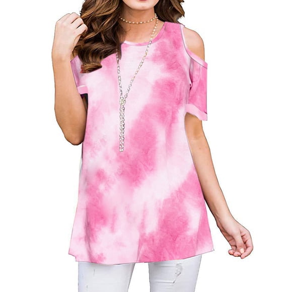 JustVH Women's Cold Shoulder Short Sleeve Casual Tunic Tops Loose Blouse Shirts