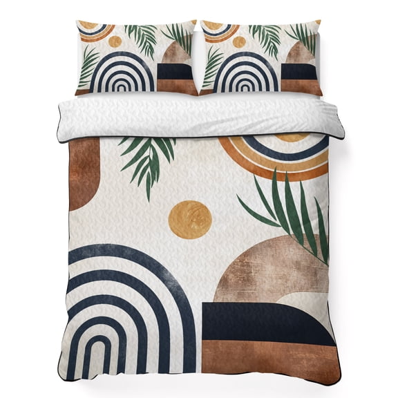 Boho 3 Piece Quilt Bedding Set with 2 Pillow Shams, Leaf Geometric Lightweight Bedspread Coverlet, Soft Breathable All Season Quilt, 68 x 86 Inch