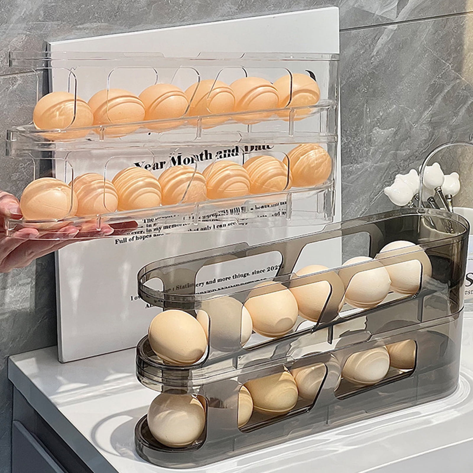 OIUR 1/2/3Pcs Fridge Egg Holder Large Capacity Multi-layer Transparent Design Stackable Automatic Rolling Egg Dispenser