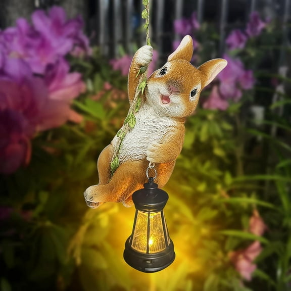 Solar Rabbit Statue - 6.9"H Resin, Climbing on 23.6"L Vine with LED Lantern, Waterproof, Perfect for Yard, Garden & Balcony Decor