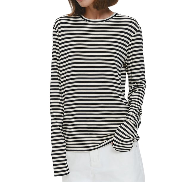 Camiseta de Larga A Rayas para Mujer, Cuello Redondo, Corte Holgado Negro XL