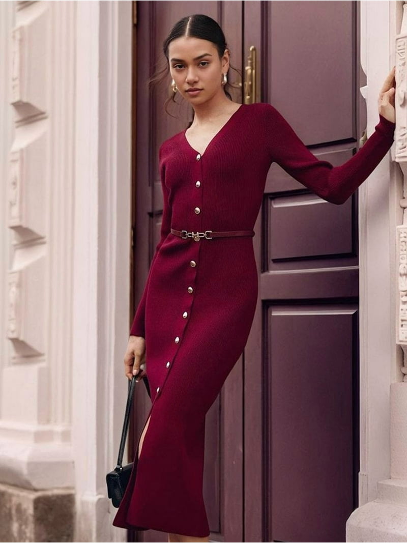 Women'S 2025 Fall Trendy Midi Sweater Dress Casual V Neck Long Sleeve  Ribbed Knit Winter Bodycon Dresses Black XL
