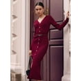 thumbnail image 2 of Women'S 2025 Fall Trendy Midi Sweater Dress Casual V Neck Long Sleeve Ribbed Knit Winter Bodycon Dresses Wine Red S, 2 of 7