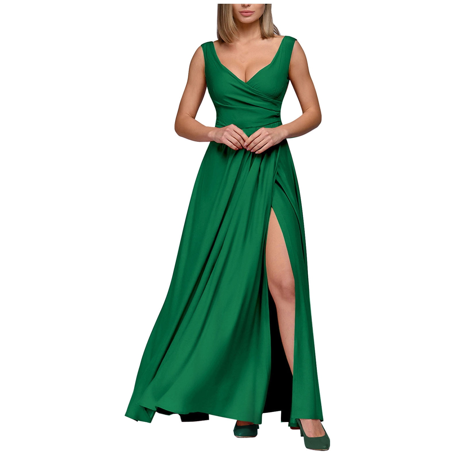 QIPOPIQ 2024 Robe de Cocktail Sexy Sans Manches à Col en V Froncée pour Femmes Robe de Bal Robe de Demoiselle d'Honneur pour Invités de Mariage Été en Solde