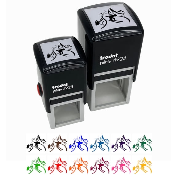 Skier Skiing Down Mountain Slopes Self-Inking Rubber Stamp Ink Stamper - Black Ink - Small 1 Inch