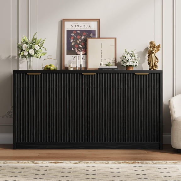 PYY Modern Fluted Buffet Sideboard Cabinet, 55 in Credenza with Storage - Doors & Adjustable Shelves - Kitchen/Dining Room Coffee Bar Console, Black