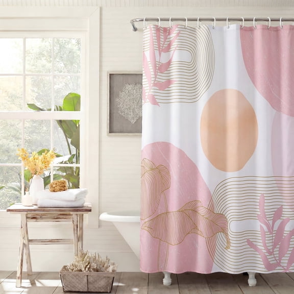 Fabric Shower Curtain 72x72 Inch, Boho Modern Leaf Print Waterproof Fabric Bathroom Curtains with 12 Hooks, Wrinkle Resistant
