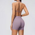 thumbnail image 4 of Telankuip Womens 2 Piece Workout Gym Outfits Tummy Control High Waist Stretch Seamless Tight Shorts Matching Sleeveless Deep V-Neck Halter Yoga Bra with Padded Casual Sports Sets 3-Purple XL, 4 of 5