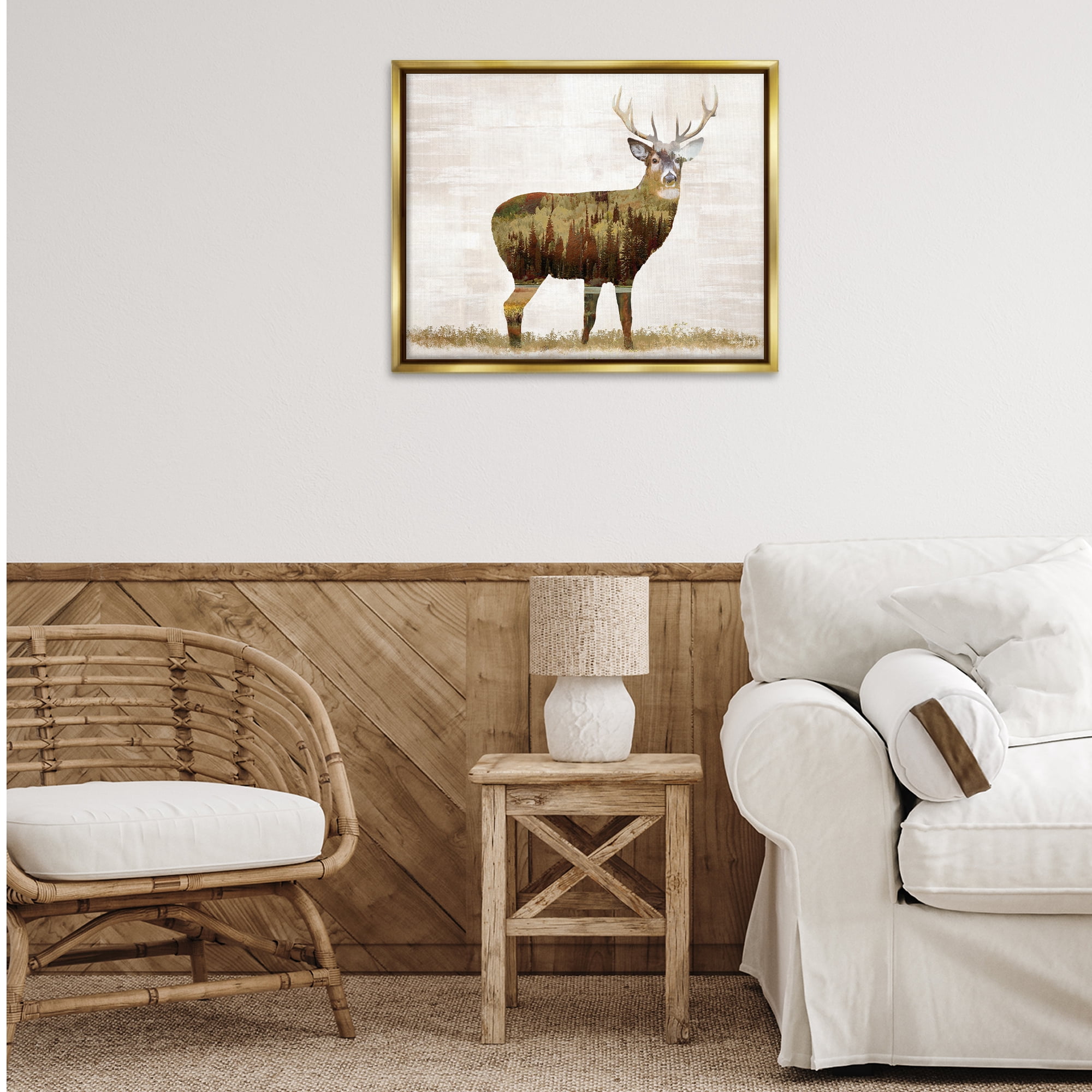 Stupell Industries Forest Pattern Deer Animals & Insects Painting Gold Floater Framed Art Print Wall Art, 31 x 25