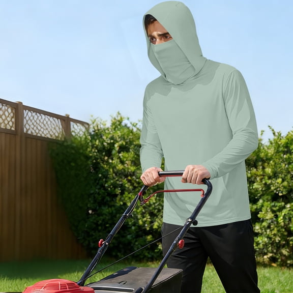 UPF 50 Men’s Long Sleeve Performance Fishing Hiking Sun Protection Shirt with Mask UV Neck Gaiter Hoodie Green M