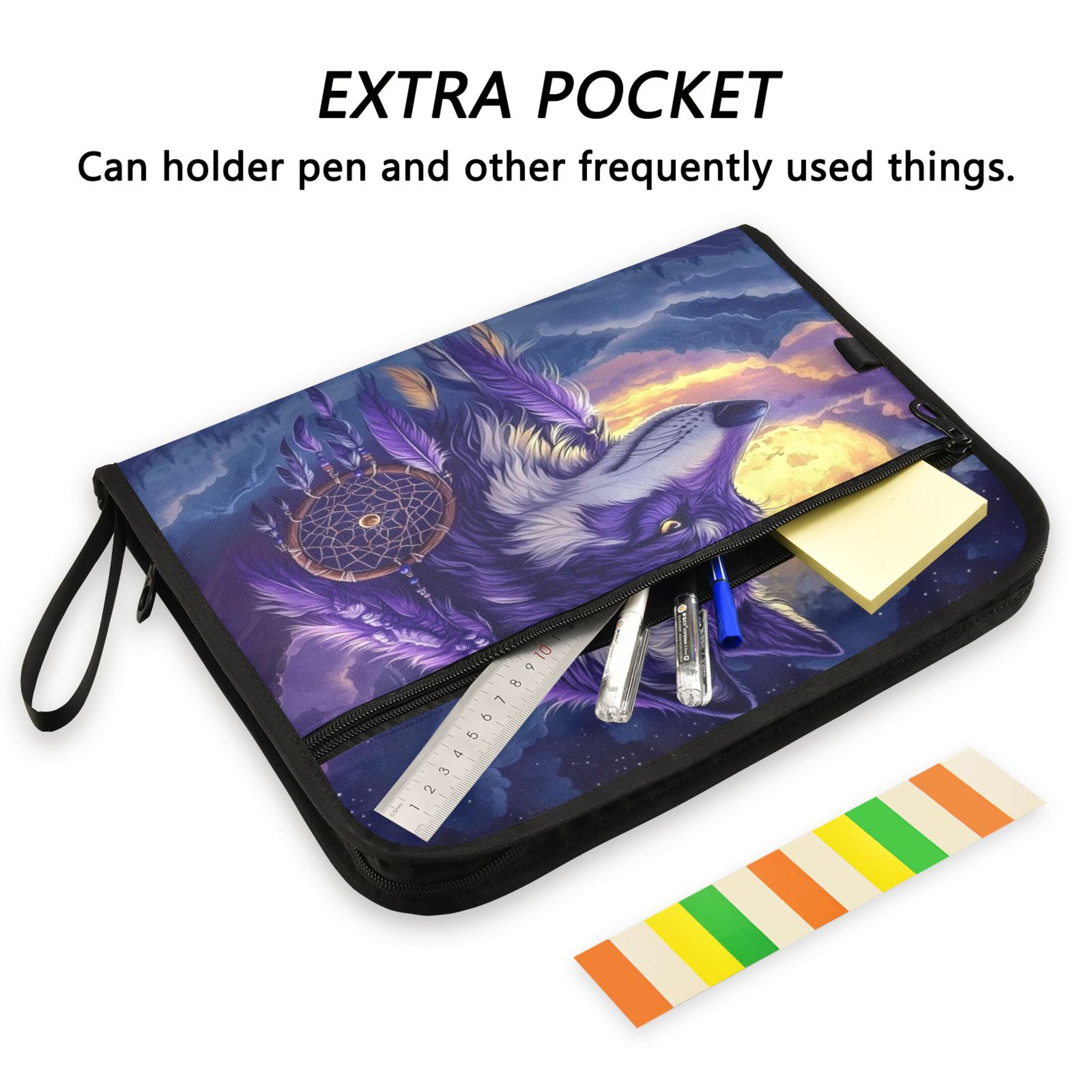 Accordion File Organizer with Zip Closure 13 Pockets Expanding File Folder Letter A4 Paper Document Organizer for Home Office A Beautiful Wolf