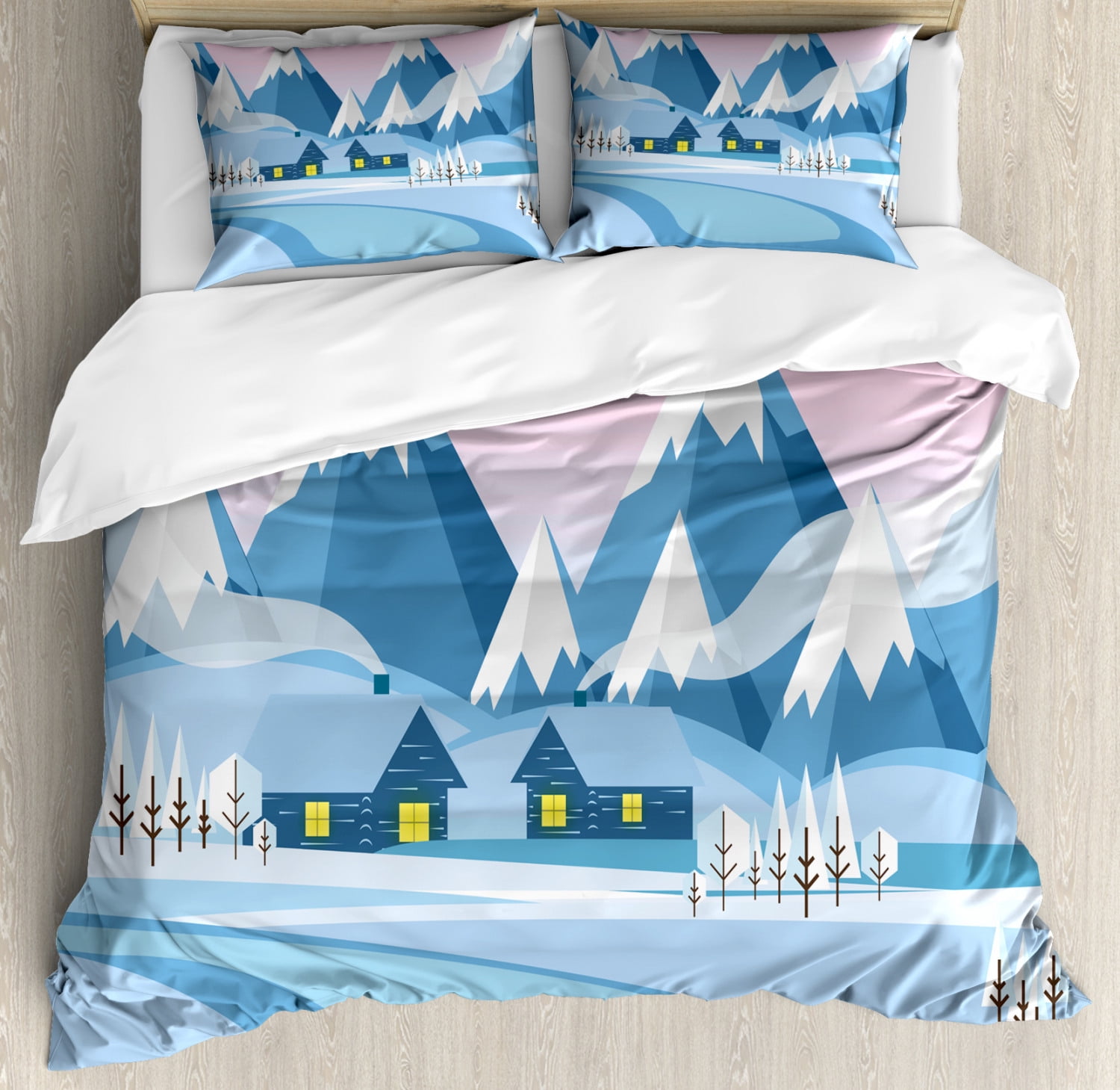 Nature Duvet Cover Set King Size, Winter Landscape with Cozy Cottages