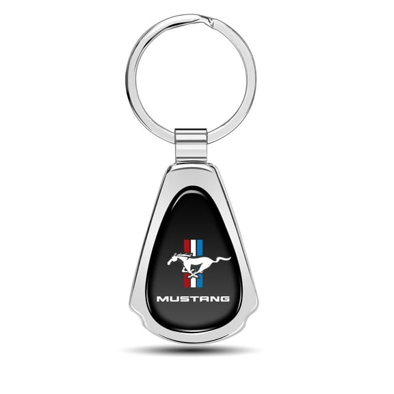Ford Mustang Tri-Bar Black Dome Chrome Metal Teardrop Key Chain