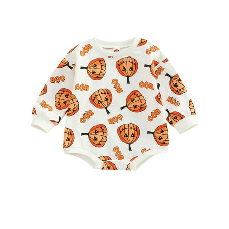 

Newborn Baby Girl Boy Clothes Pumpkin Romper Sweatshirt Onesie Long Sleeve Bubble Jumpsuit Halloween Outfit